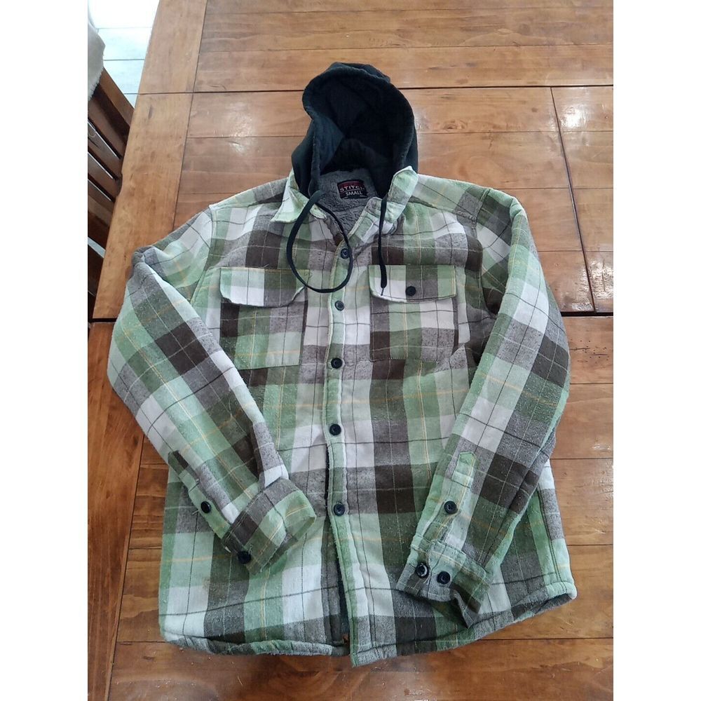 Mens Green White Yellow Brown Heavy Flannel Hooded Sherpa Jacket Small